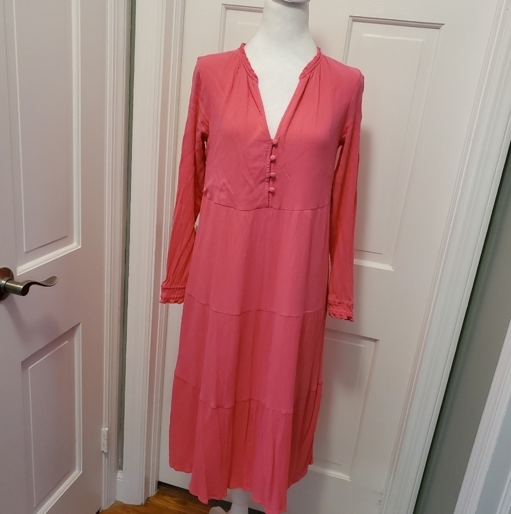 LOFT Pink Tiered Button Midi Dress Size SP, Casual, Boho